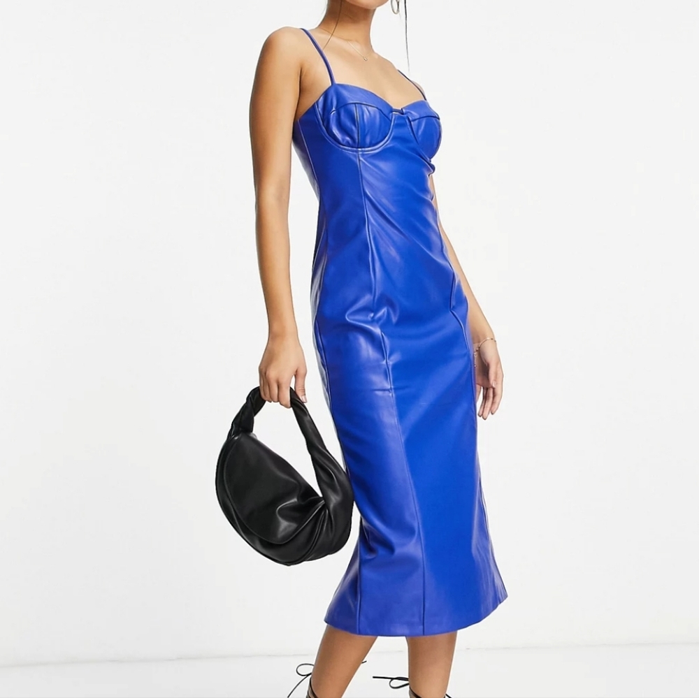 Bardot PU Leather Bustier Midi Dress Cobalt Blue XS